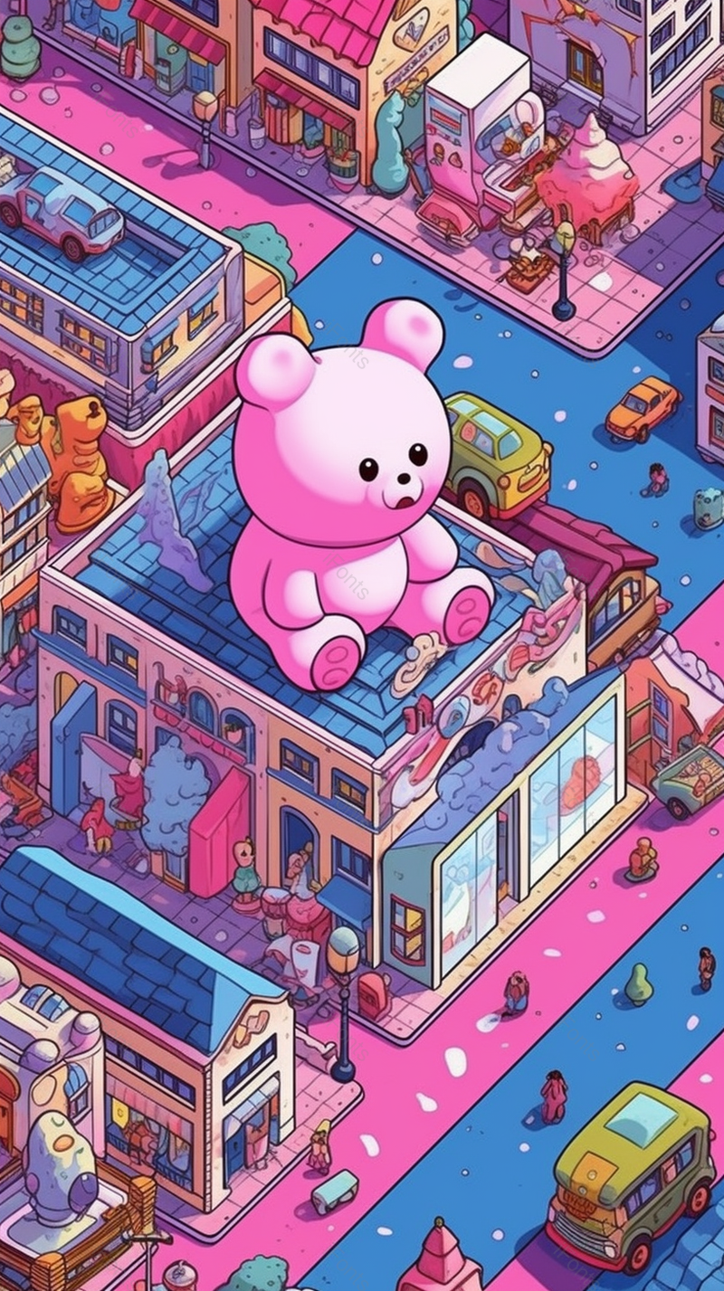 粉色玩具小熊做楼顶楼房房屋城市六一儿童节背景粉色插画,插画/手绘图,插画/手绘图库,插画/手绘图下载,插画/手绘